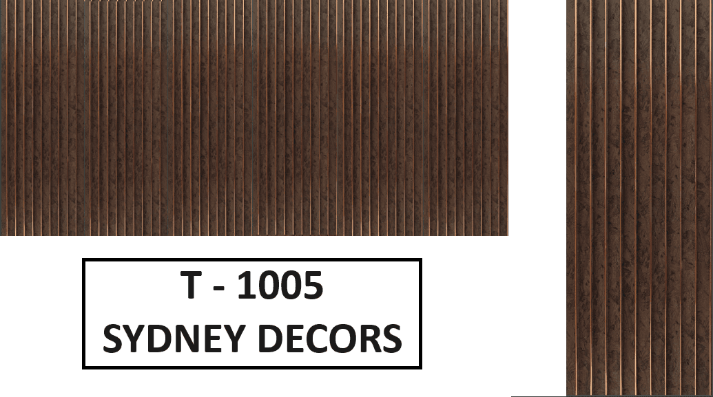 Textured brown decorative panel labeled T-1005 Sydney Decors shown in various views.