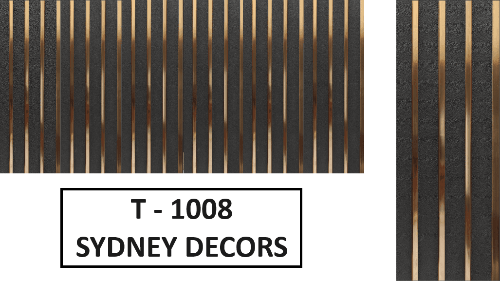 Textured wall panel with vertical metallic stripes, labeled T-1008, Sydney Decors.