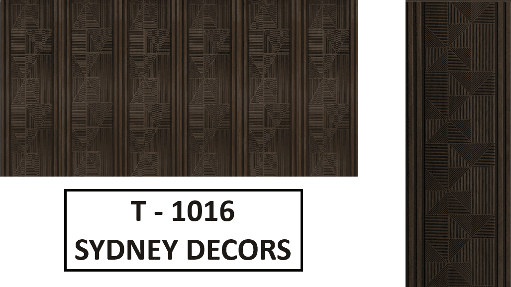 Geometric patterned wood panel with dark tones, labeled T-1016 by Sydney Decors.