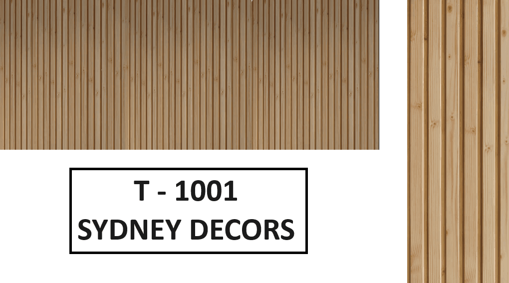 Wooden panel design with vertical stripes and the text T-1001 Sydney Decors.