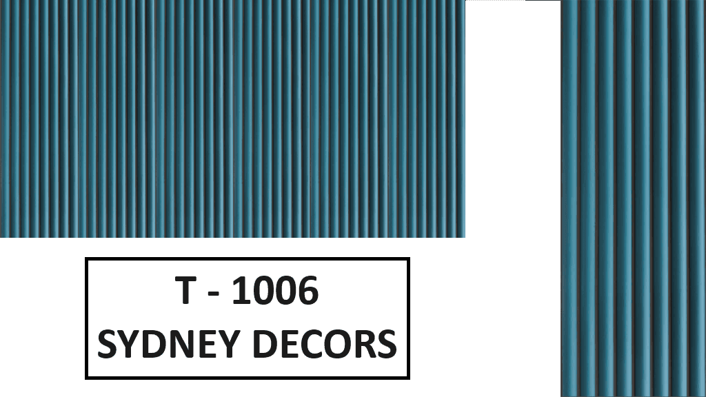 Pattern of vertical blue stripes with label T-1006 Sydney Decors at the bottom.