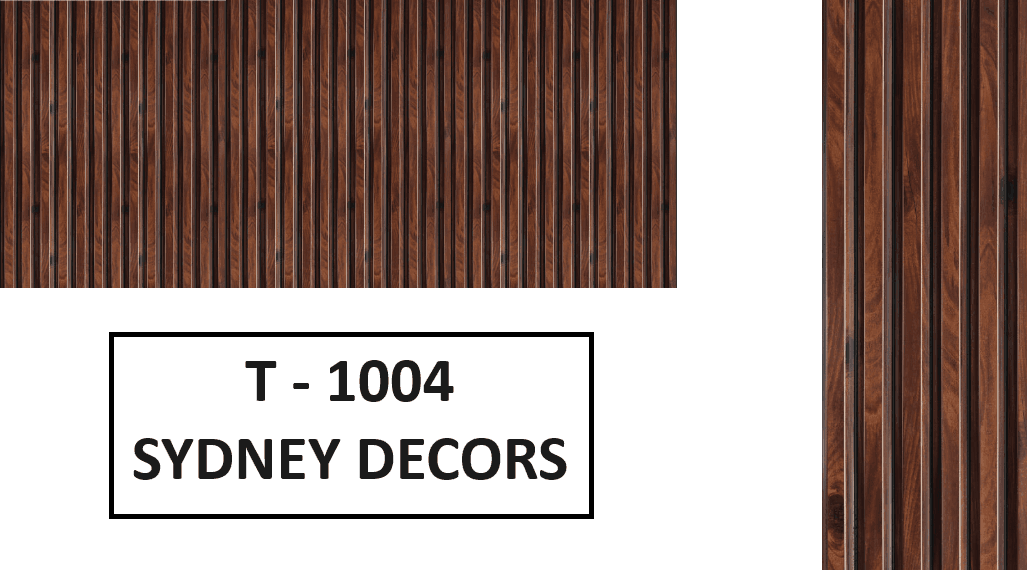 Dark brown vertical wood panel design labeled T-1004 Sydney Decors.