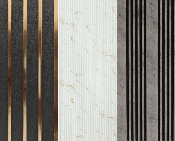 Abstract textured image featuring vertical metallic strips, white marble pattern, and dark stone-like surface.