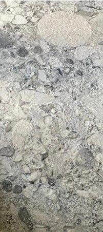 Close-up view of a polished granite surface with varying shades of gray and white mineral patterns.