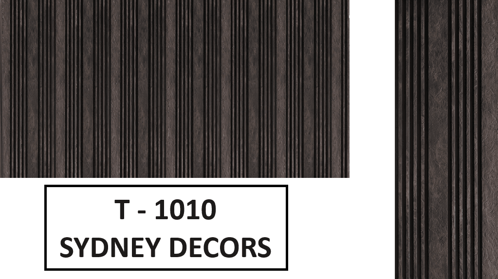 Dark wood panel with vertical black stripes labeled T-1010 Sydney Decors.